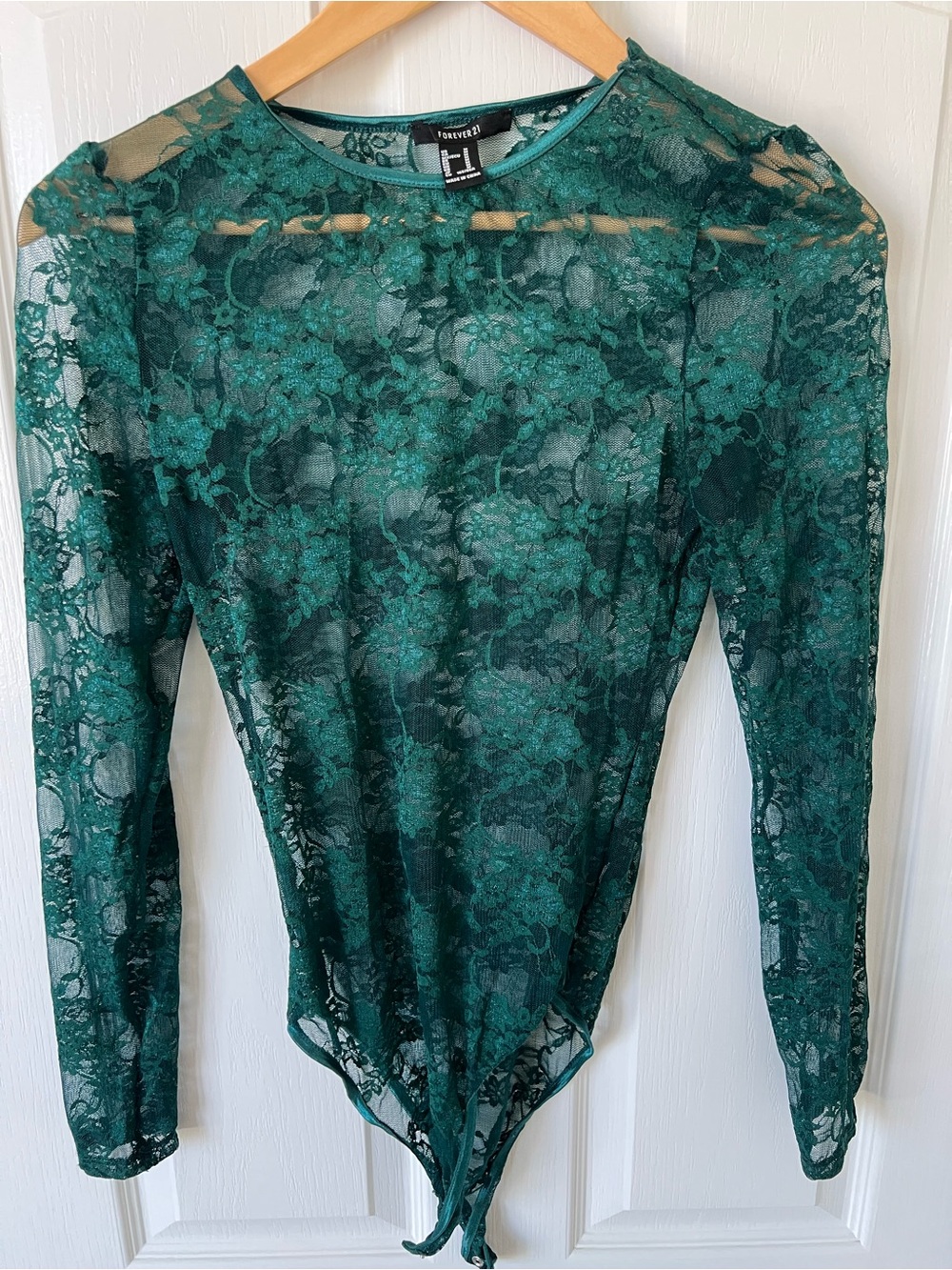 Forever 21 Dark Green Sheer Lace Long-Sleeve Bodysuit